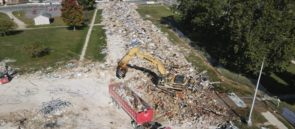 Demolition continues at the former Five Points/Fairborn Primary (September 29, 2022-Busy Bee Aerial Productions LLC)