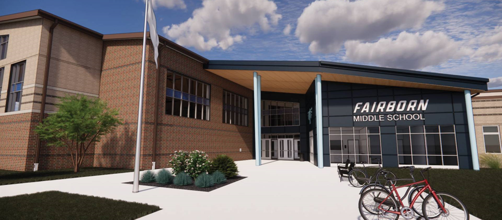 Rendering of the front of Fairborn Middle School! Thank you to the Fairborn community!